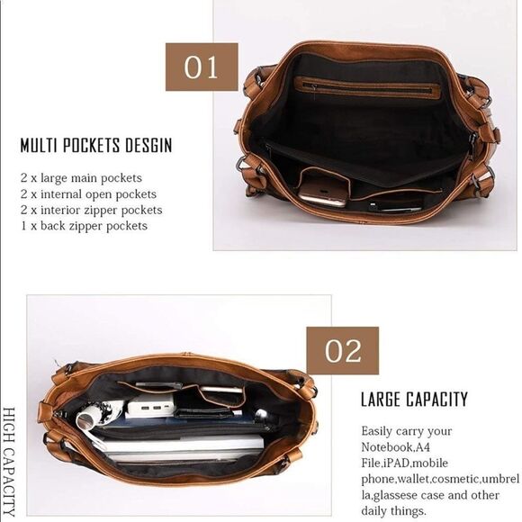 Women Brown PU Leather Hobo Tote Bag Leather Handbag - Picture 4 of 6